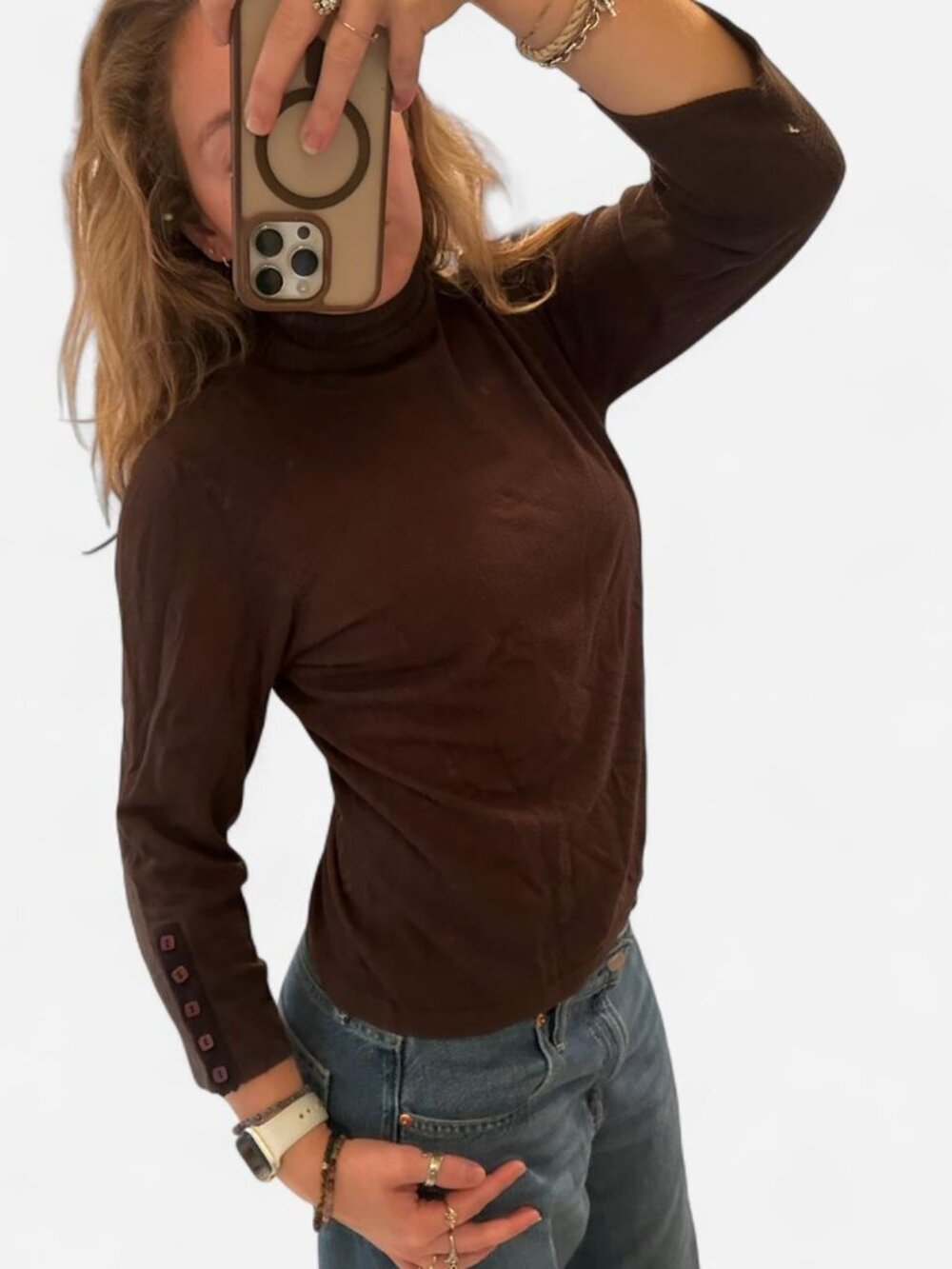 & Trousers dark brown/green turtleneck sweater with 3/4 sleeves & button cuffs